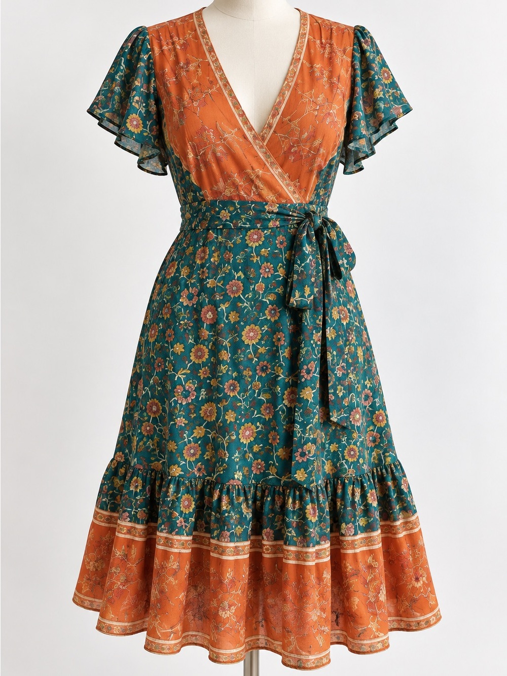 ZESICA Floral Wrap Dress Size L Teal Rust Boho NWT
